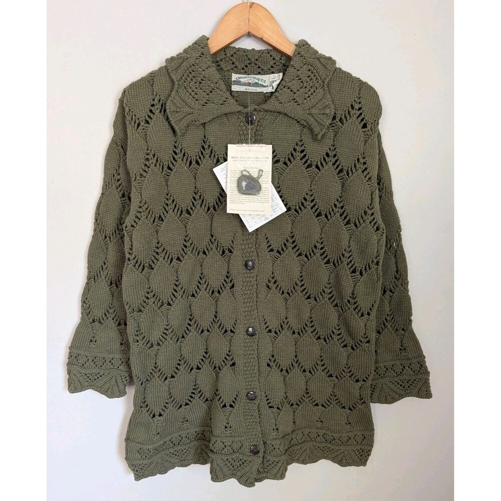New ARAN CRAFTS Merino Wool Cardigan Sweater Ireland L Olive Green Open Knit NWT